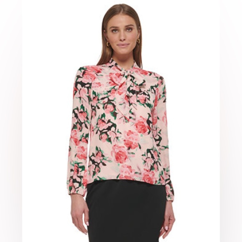 NWOT Dkny Floral-Print Tie-Neck Blouse